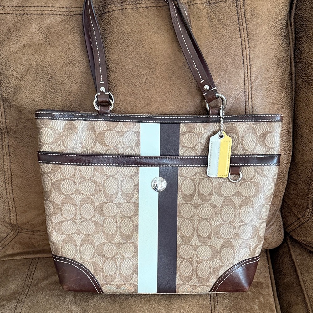 Coach Brown and White signature print with brown leather trim and handles